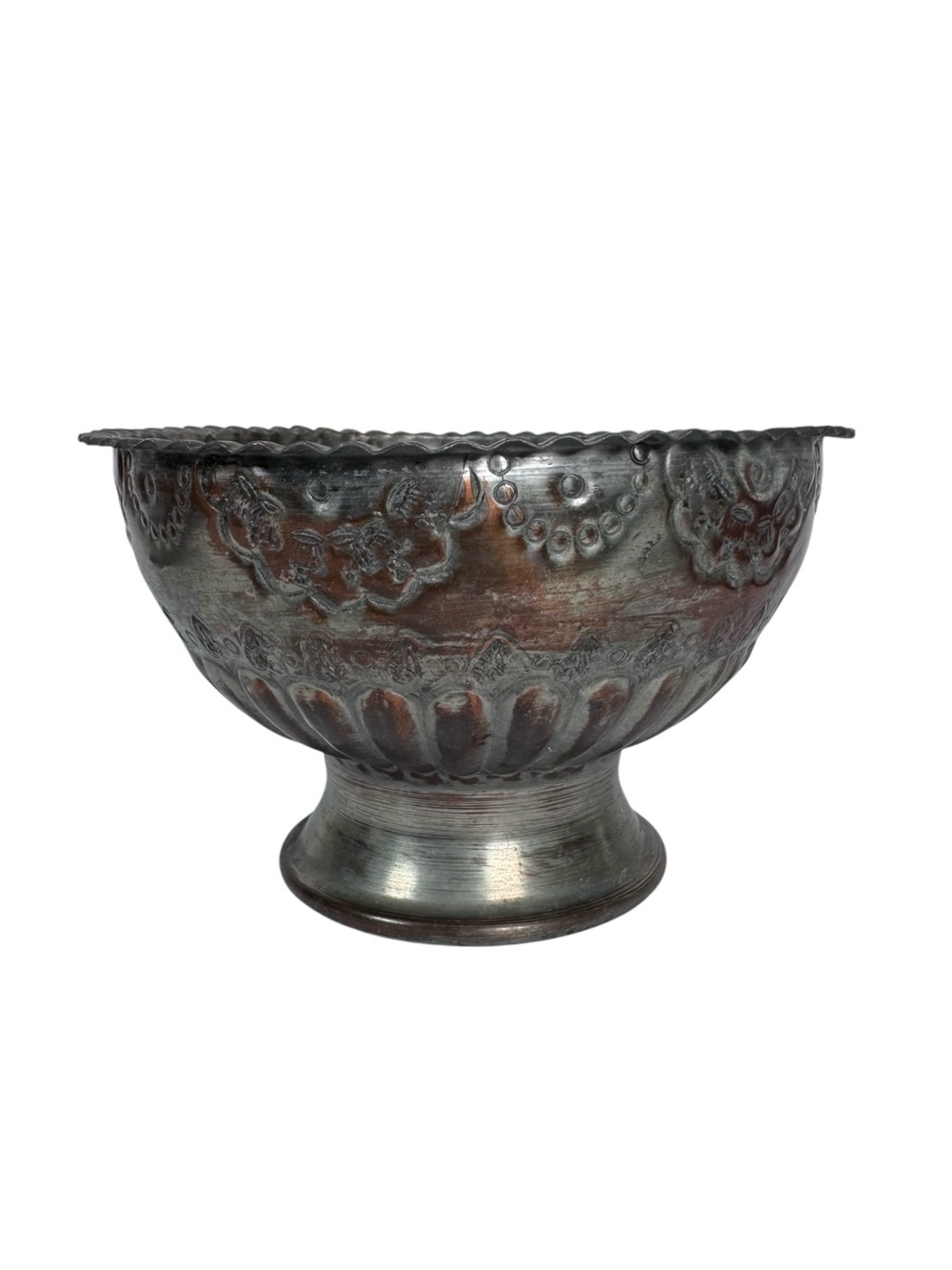 Vintage G.S Egypt Small Embossed Metal Pedestal Bowl Patina Decor